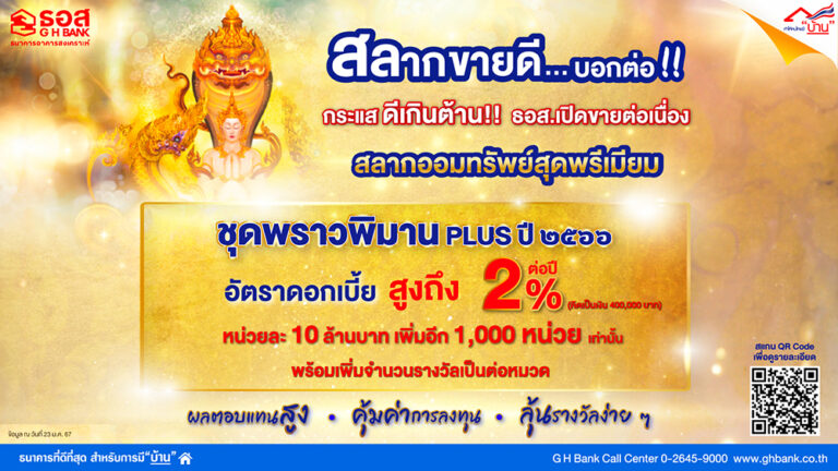 กระแสตอบรับดี!! สลากออมทรัพย์ ชุดพราวพิมาน Plus ปี 2566 ธอส. เตรียมเปิดจำหน่ายเพิ่มอีก 10,000 ล้านบาท