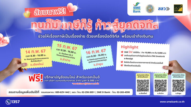 SME D Bank รู้ใจเอสเอ็มอีไทย จัดสัมมนาฟรี “ทุนก็มี ภาษีก็รู้ ก้าวสู่ยุคดิจิทัล” เปลี่ยนเรื่องภาษีเป็นเรื่องง่าย กระจายจัดใน 3 จังหวัดภาคเหนือ วันที่ 14-16 ก.พ. 67