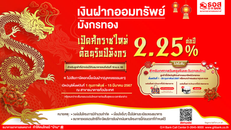 ธอส. ต้อนรับศักราชใหม่ปี 2567 เปิดตัว “เงินฝากออมทรัพย์มังกรทอง” โดนใจคนรักการออมด้วยอัตราดอกเบี้ยสูงถึง 2.25% ต่อปี  