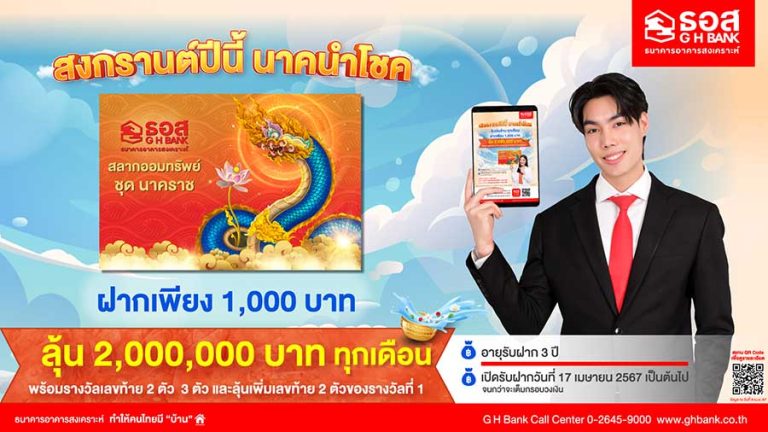 สลากออมทรัพย์ ธอส. ชุด นาคราช ซื้อเพียงหน่วยละ 1,000 บาท ลุ้นรับรางวัลใหญ่ 2 ล้านบาท ตลอด 36 งวด เปิดจำหน่ายพร้อมกันทั่วประเทศ 17 เมษายน 2567 นี้