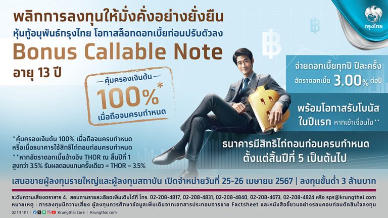 กรุงไทย พลิกโอกาสการลงทุน ล็อกดอกเบี้ยสูง 3.0% กับหุ้นกู้อนุพันธ์กรุงไทย Bonus Callable Note พร้อมโอกาสรับผลตอบแทนโบนัสปีแรก