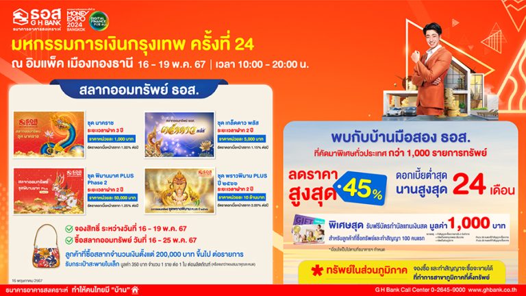 ธอส. จัดโปรโมชันเด็ด สินเชื่ออัตราดอกเบี้ยต่ำเริ่มต้น 1 – 6 เดือนแรกเพียง 1.99% ต่อปี ในงาน “มหกรรมการเงินกรุงเทพฯ ครั้งที่ 24 Money Expo Bangkok”