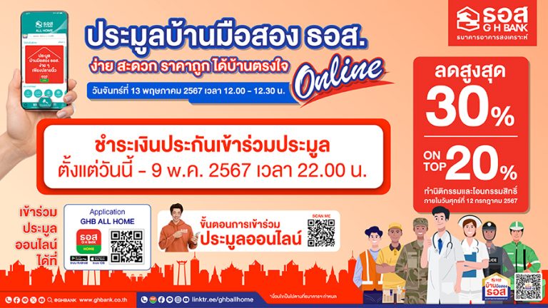 ธอส. จัดประมูลบ้านมือสองออนไลน์ : GHB’S NPA Online Auction 2024 วันจันทร์ ที่ 13 พ.ค. 67 นี้