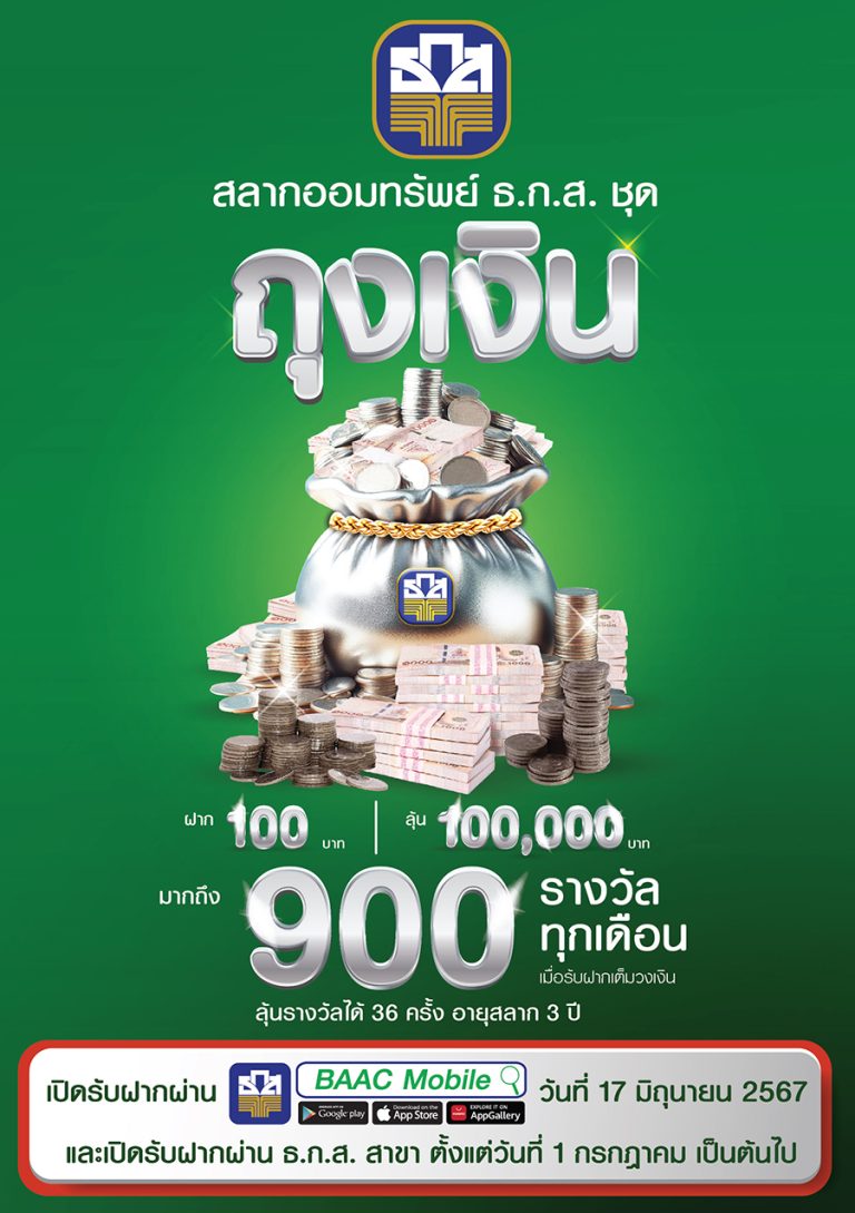 กระจายโชค รวยถ้วนหน้ากับ สลาก ธ.ก.ส. ชุดถุงเงิน ฝาก 100 ลุ้นแสน 900 รางวัลทุกเดือน