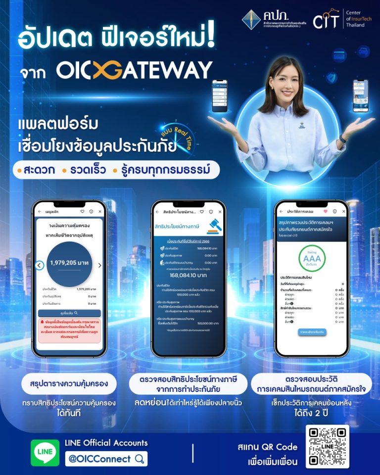 OIC Gateway เชื่อมโยงข้อมูลประกันภัย เพิ่มบริการ 3 ฟีเจอร์ใหม่ประชาชน สะดวก รวดเร็ว รู้ครบทุกกรมธรรม์ เพื่อชีวิตที่ง่ายขึ้นกว่าเดิม