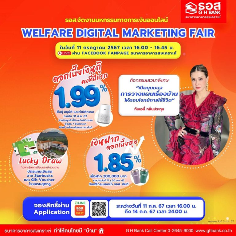 ธอส. จัด งานมหกรรมทางการเงินออนไลน์ : Welfare Digital Marketing Fairรวมแพคเกจสินเชื่อบ้านดอกเบี้ยต่ำ – เงินฝากดอกเบี้ยสูง สำหรับลูกค้าสวัสดิการ