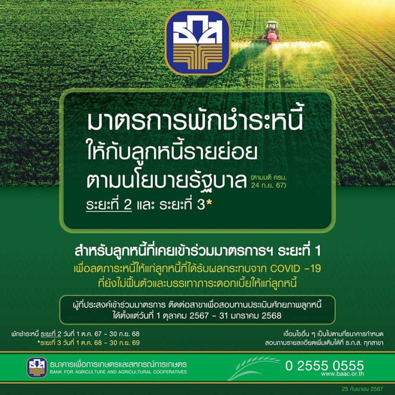 ธ.ก.ส. จัดมาตรการพักชำระหนี้ให้กับลูกหนี้รายย่อยตามนโยบายรัฐบาล ระยะที่ 2 เปิดแจ้งความประสงค์ 1 ต.ค. นี้