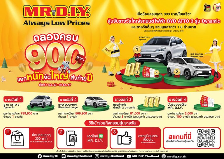 มิสเตอร์. ดี.ไอ.วาย. ฉลอง 900 สาขาในประเทศไทย “แจกหนัก จัดใหญ่ ส่งท้ายปี” รับรางวัลใหญ่รถยนต์ไฟฟ้า BYD และรางวัลอื่นๆ รวมมูลค่ากว่า 1.8 ล้านบาท