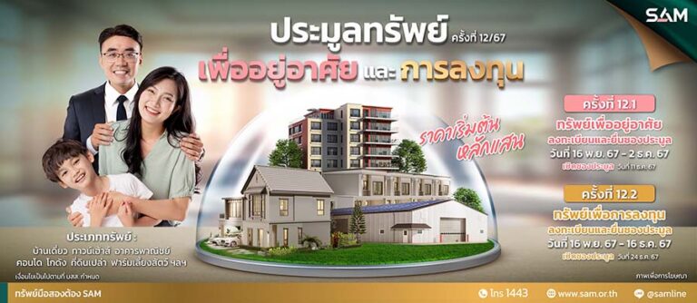 SAM ส่งท้ายปี 67 นำทรัพย์เด่นเพื่ออยู่อาศัยและลงทุนบนทำเลที่ดีทั่วประเทศ จำนวน 66 รายการ มูลค่า 288 ลบ. จัดประมูลครั้งสุดท้ายของปีนี้  2 รอบ 11 ธ.ค.และ 24 ธ.ค.นี้