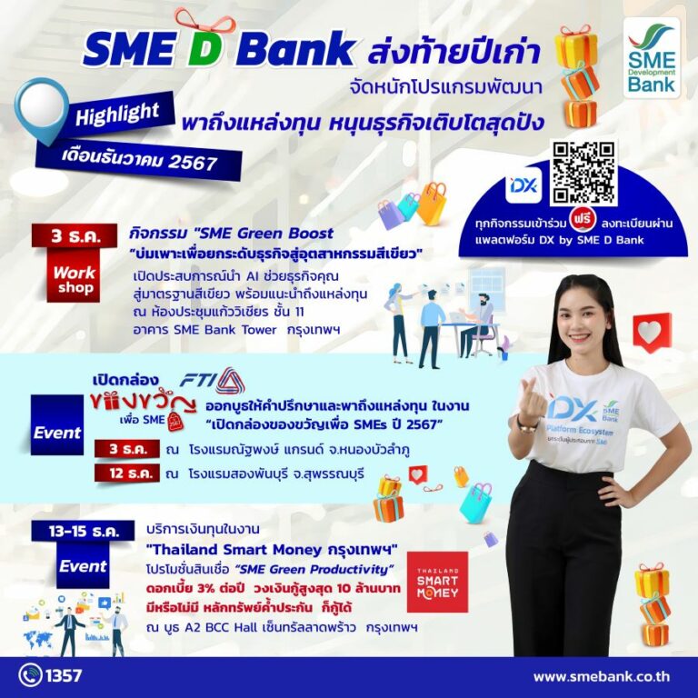 SME D Bank จัดโปรแกรมพัฒนาเดือน ธ.ค. เสิร์ฟโปรโมชั่นส่งท้ายปี พาถึงแหล่งทุนดอกเบี้ยพิเศษยกระดับสู่ธุรกิจสีเขียวหนุนเติบโตสุดปัง