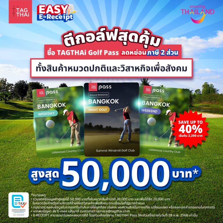 TAGTHAi เปิดตัว 3 Golf Pass พิเศษ ชวนคอกอล์ฟออกรอบโชว์วงสวิง พร้อมรับภาษีคืนตามสิทธิ์ Easy E-Receipt ประจำปี 2568 ลดหย่อนภาษีเพิ่มได้ 20,000 บาท ในหมวดสินค้าหรือค่าบริการที่จ่ายให้แก่วิสาหกิจเพื่อสังคม รวมลดหย่อนภาษีได้สูงสุด 50,000 บาท