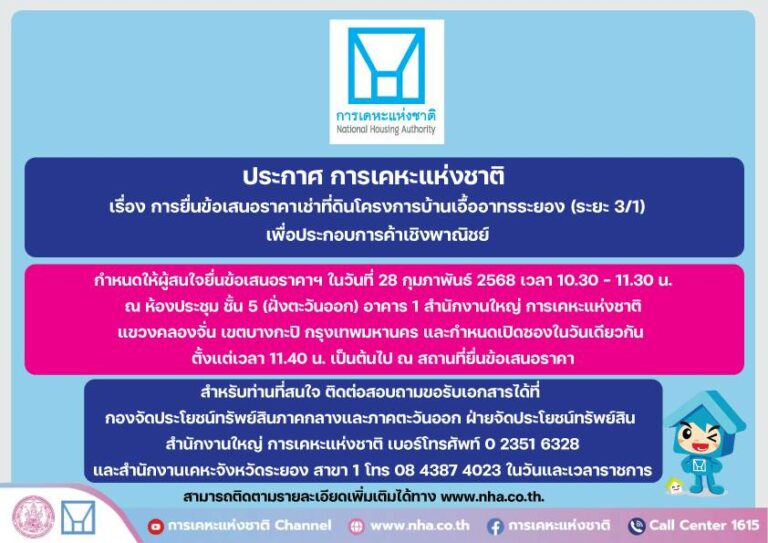 การเคหะแห่งชาติ เปิดโอกาสให้เอกชนเช่าที่ดินแปลงใหญ่ ทำเลดี ระยะยาว 15 ปี เพื่อประกอบการค้าเชิงพาณิชย์