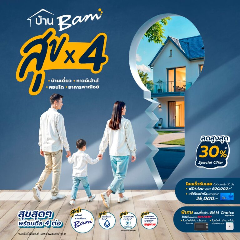 BAM ผนึกกำลังพันธมิตรจัดแคมเปญ “บ้าน BAM สุข x 4” ทรัพย์ราคาพิเศษดอกเบี้ยต่ำ และส่วนลดซื้อสินค้าประกันอัคคีภัย  