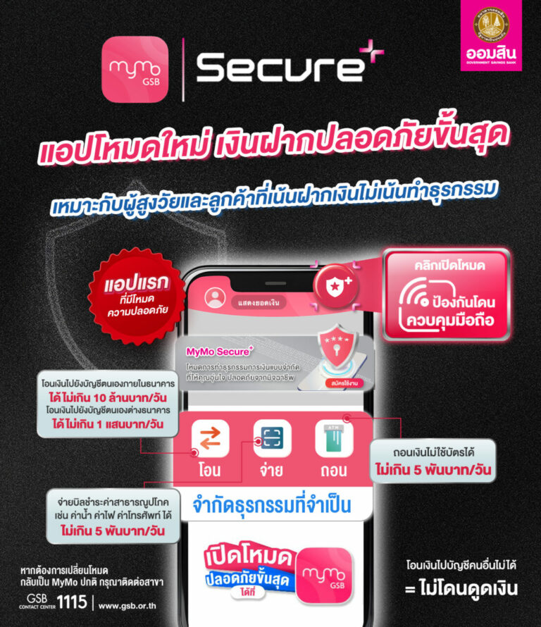 ออมสิน ชวนใช้ MyMo Secure Plus ป้องกันถูกมิจฉาชีพดูดเงินออกจากแอป เหมาะกับผู้สูงวัยและลูกค้าที่เน้นฝากเงินไม่เน้นทำธุรกรรม ให้เงินฝากปลอดภัยขั้นสุด