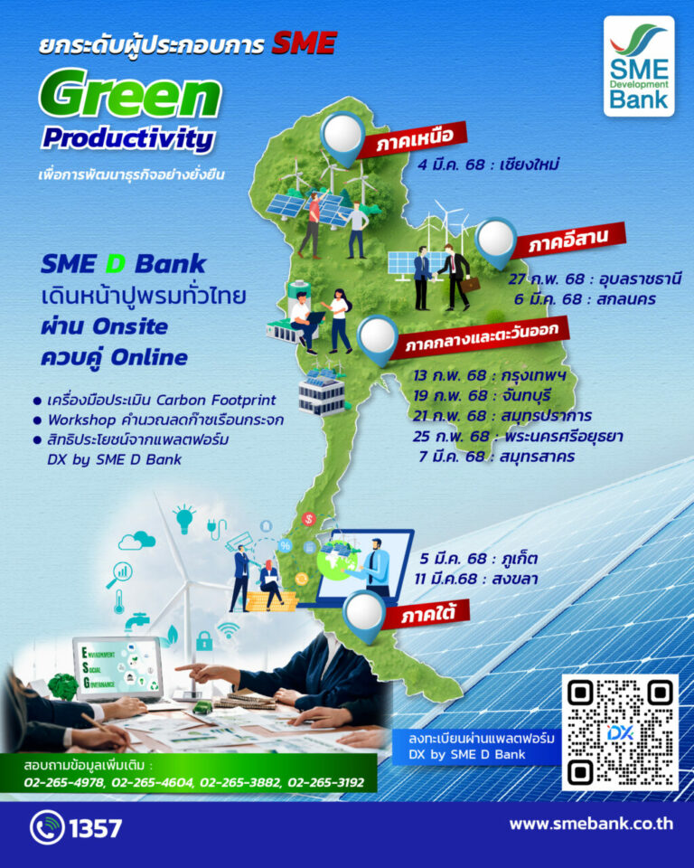 SME D Bank ให้มากกว่าเงินทุน ต่อยอดสินเชื่อ “SME Green Productivity” ผุดโครงการปูพรมยกระดับเอสเอ็มอีทุกภูมิภาคพัฒนาสู่ธุรกิจสีเขียวอย่างแท้จริง  
