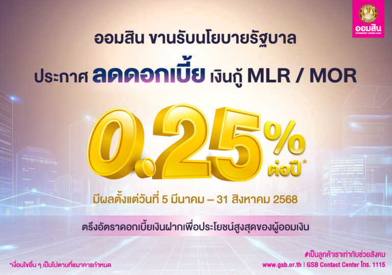 ออมสิน ประกาศลดดอกเบี้ยเงินกู้ MLR / MOR 0.25% ขานรับนโยบายรัฐช่วยภาคธุรกิจ พร้อมตรึงดอกเบี้ยเงินฝากเพื่อประโยชน์สูงสุดของผู้ออมเงิน