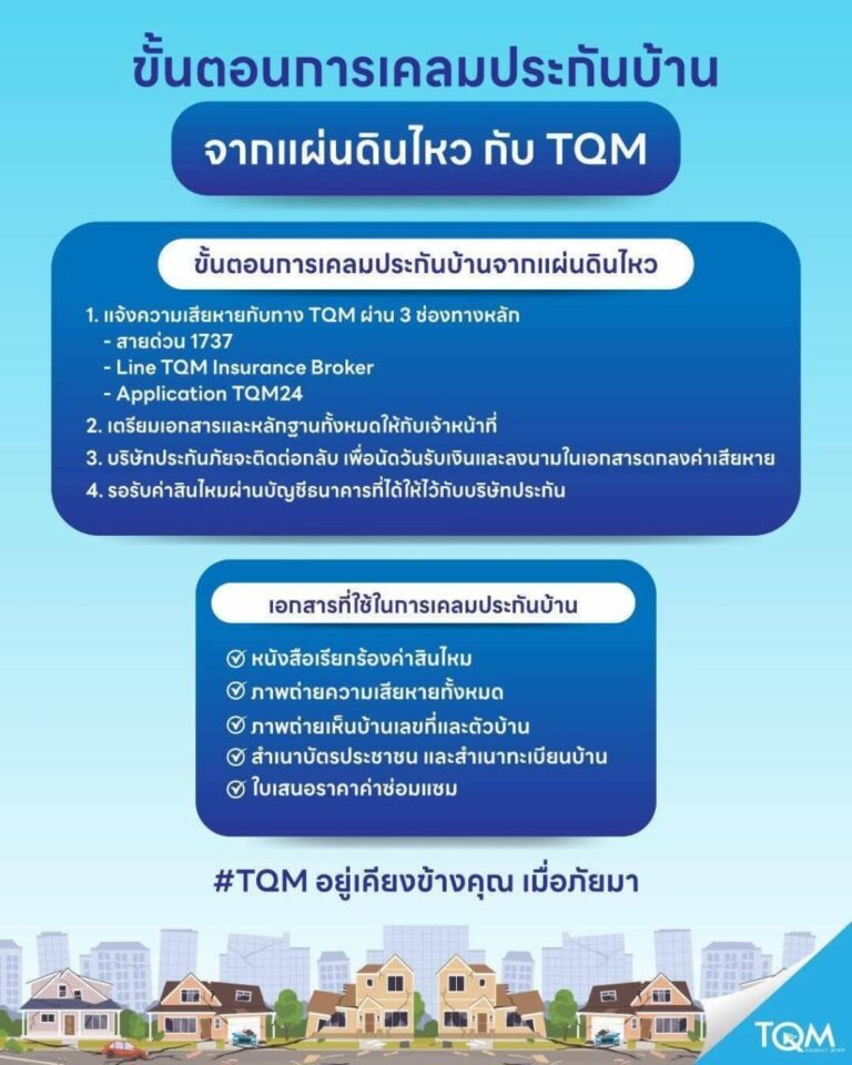 TQM ห่วงใยลูกค้าผู้ได้รับผลกระทบจากเหตุการณ์แผ่นดินไหว พร้อมดำเนินมาตรการดูแลและอำนวยความสะดวกด้านการเคลมประกันอย่างเต็มที่