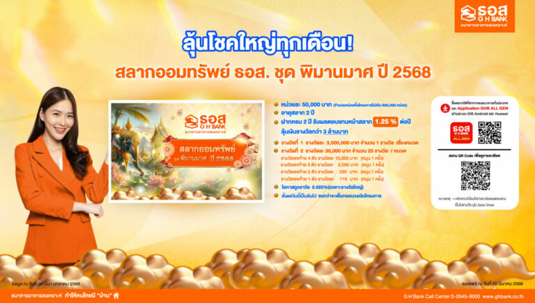 ลุ้นโชคใหญ่ทุกเดือน! กับ “สลากออมทรัพย์ ธอส. ชุดพิมานมาศ ปี 2568”
