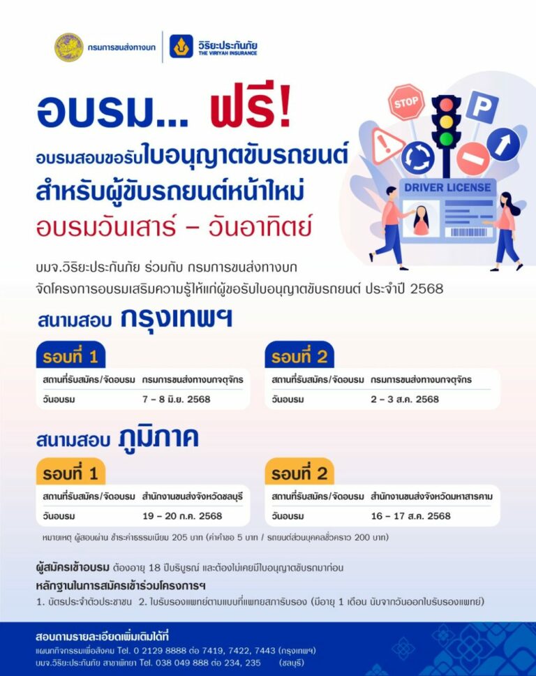 วิริยะประกันภัย – กรมการขนส่งทางบก จัดอบรมใบขับขี่ ประจำปี 2568 เปิดอบรม 4 รุ่น ทั้งส่วนกลางและภูมิภาค “กรุงเทพฯ – ชลบุรี – มหาสารคาม”