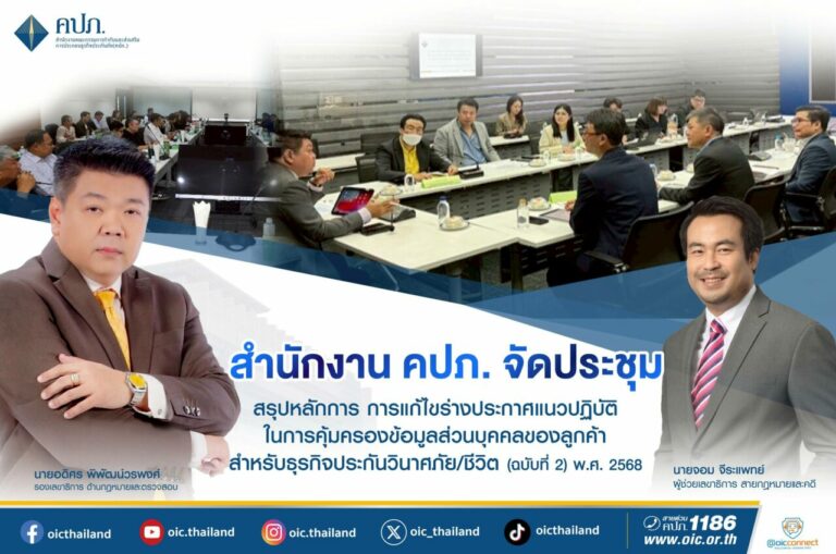 สำนักงาน คปภ. จัดประชุมสรุปหลักการ การแก้ไขร่างประกาศแนวปฏิบัติในการคุ้มครองข้อมูลส่วนบุคคลของลูกค้า สำหรับธุรกิจประกันวินาศภัย/ชีวิต (ฉบับที่ 2) พ.ศ. 2568