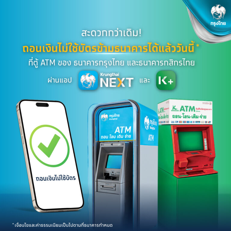 “กรุงไทย-กสิกรไทย” เพิ่มช่องทางให้ลูกค้า ถอนเงินไม่ใช้บัตรข้ามธนาคารที่ตู้ ATM ของทั้งสองธนาคารทั่วประเทศ ได้แล้ววันนี้