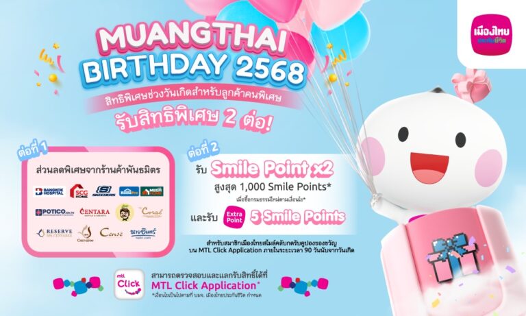 เมืองไทยประกันชีวิต ส่งมอบสิทธิพิเศษฉลองวันเกิด สมาชิกเมืองไทยสไมล์คลับ รับคะแนนสะสมคูณสอง พร้อมส่วนลดพิเศษจากพันธมิตรชั้นนำ