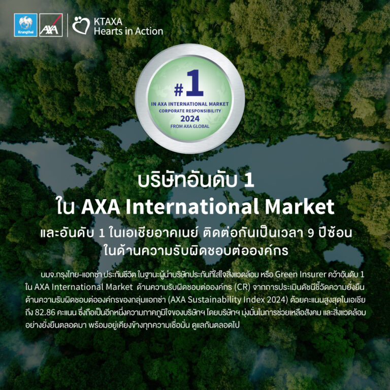 กรุงไทย – แอกซ่า ประกันชีวิต คว้าอันดับ 1 ใน AXA International Market และอันดับ 1 ในเอเชียอาคเนย์ต่อเนื่อง 9 ปีซ้อน ในด้านความรับผิดชอบต่อองค์กร (CR)
