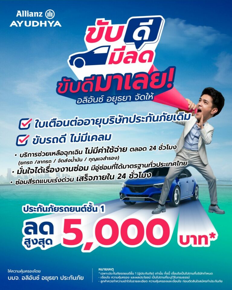 อลิอันซ์ อยุธยา หนุนพฤติกรรมขับขี่ปลอดภัย เปิดตัวแคมเปญ “ขับดี มีลด” มอบส่วนลดสูงสุด 5,000 บาท