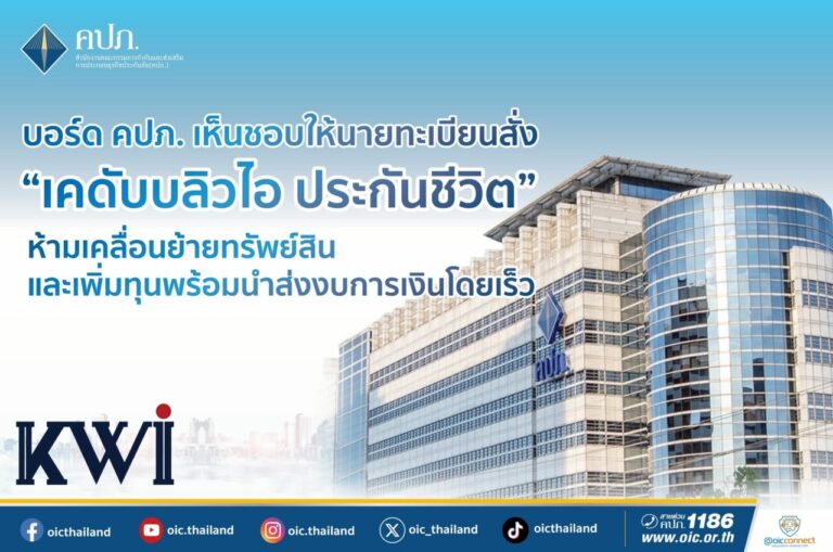 บอร์ด คปภ. เห็นชอบให้นายทะเบียนสั่ง “เคดับบลิวไอ ประกันชีวิต” ห้ามเคลื่อนย้ายทรัพย์สินและเพิ่มทุนพร้อมนำส่งงบการเงินโดยเร็ว