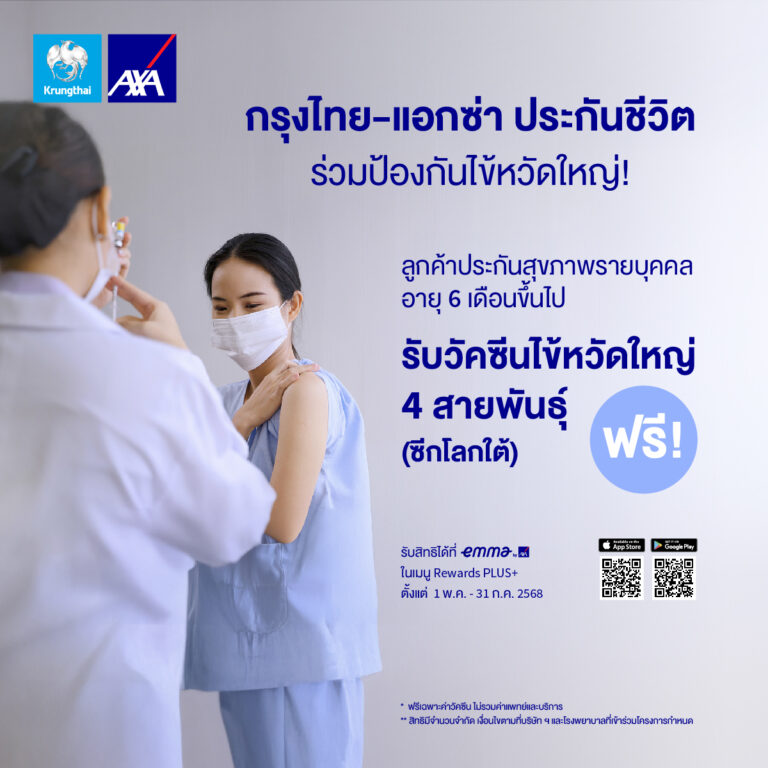 กรุงไทย – แอกซ่า ประกันชีวิต มอบสิทธิพิเศษแก่ลูกค้า เข้ารับการฉีดวัคซีนป้องกันไข้หวัดใหญ่ 4 สายพันธุ์ ผ่านแอบพลิเคชัน Emma by AXA โดยไม่มีค่าใช้จ่ายค่าวัคซีน