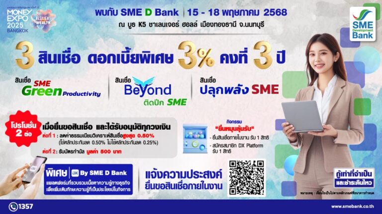 SME D Bank จัดใหญ่ร่วม “มหกรรมการเงินกรุงเทพ” วันที่ 15-18 พ.ค. นี้ ยกทัพสินเชื่อเพื่อเอสเอ็มอี ดอกเบี้ยเพียง 3%ต่อปี แถมรับโปรฯ เสริมอีก 2 ต่อ