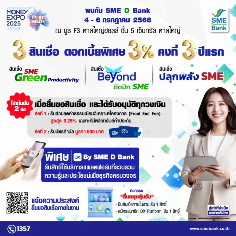 SME D Bank ลงใต้จัดเต็มโปรโมชันเพื่อเอสเอ็มอีไทยในงาน “มหกรรมการเงินหาดใหญ่” ยกทัพสินเชื่อดอกเบี้ยพิเศษ 3% ต่อปี คู่ช่วยพัฒนายกระดับธุรกิจครบวงจร  
