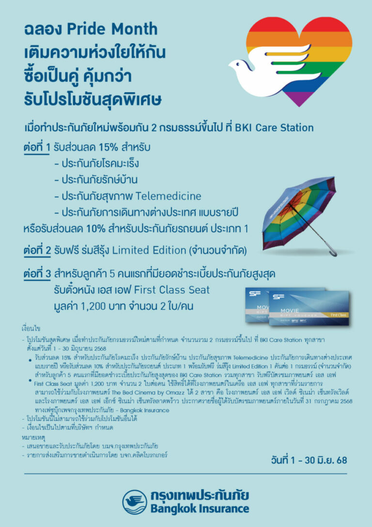 กรุงเทพประกันภัย ร่วมเฉลิมฉลองเทศกาล Pride Month จัดโปรโมชันสุดพิเศษ มอบส่วนลดเบี้ยประกันภัยพร้อมของสมนาคุณสุดคุ้มที่ BKI Care Station