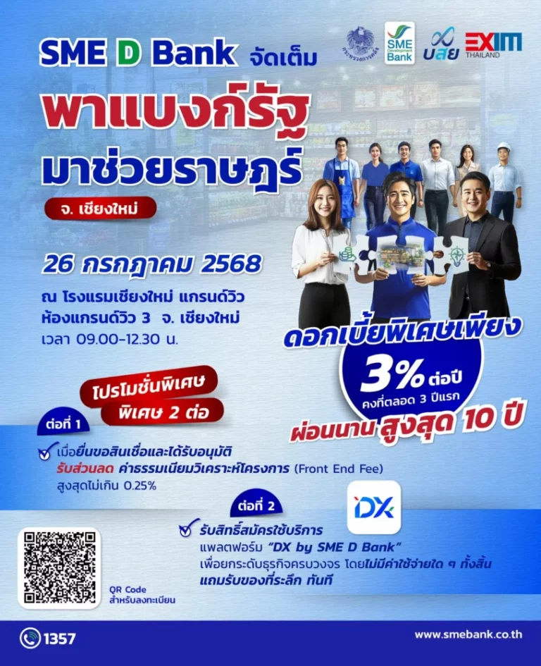 SME D Bank ขึ้นเหนือ จัดใหญ่ “พาแบงก์รัฐ มาช่วยราษฎร์” จ.เชียงใหม่ พาเอสเอ็มอีเข้าถึงสินเชื่อดอกเบี้ยต่ำ 3%ต่อปี แถมรับโปรพิเศษอีก 2 ต่อ