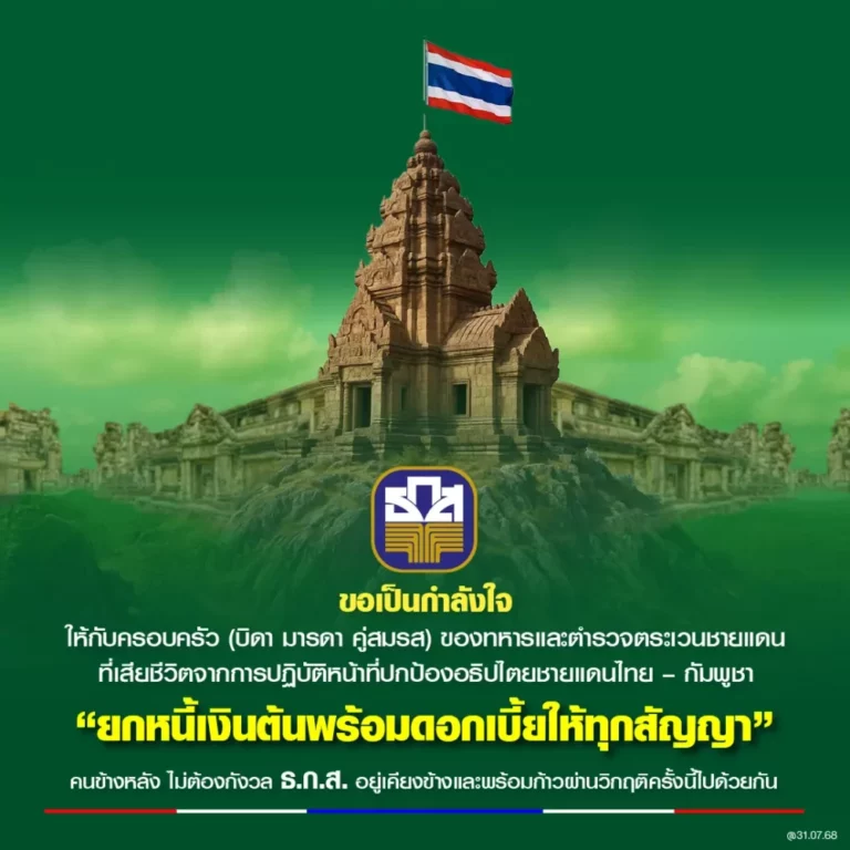 ธ.ก.ส. ช่วยเหลือครอบครัวทหาร และ ตชด. ที่เสียชีวิตจากการปกป้องอธิปไตย ชายแดนไทย – กัมพูชา ยกหนี้เงินต้นพร้อมดอกเบี้ยทุกสัญญาเงินกู้