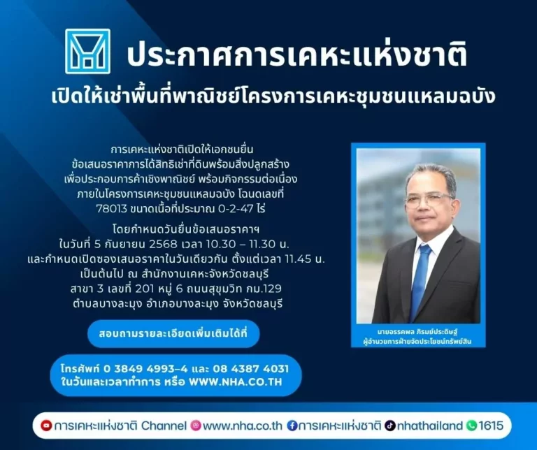 การเคหะแห่งชาติ เปิดให้เช่าพื้นที่พาณิชย์ “โครงการเคหะชุมชนแหลมฉบัง – ทำเลดี”พร้อมกิจกรรมส่งเสริมการค้าอย่างต่อเนื่อง