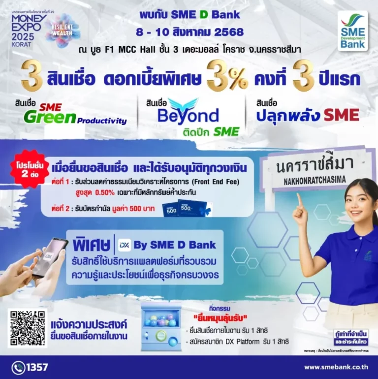 SME D Bank บุกแดนอีสาน ทุ่มสุดใจเพื่อเอสเอ็มอีไทย ในงาน “มหกรรมการเงินโคราช” ยกทัพสินเชื่อดอกเบี้ยพิเศษเพียง 3% ต่อปี คู่พัฒนาเสริมแกร่ง ดันธุรกิจเดินหน้าเต็มกำลัง