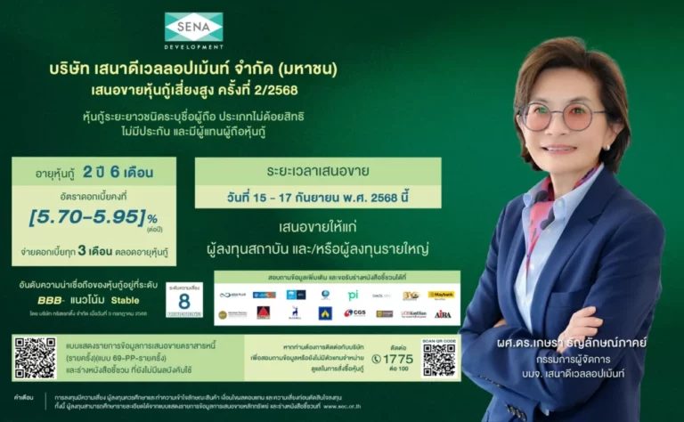 SENA ตอกย้ำเครดิตแกร่ง! ประกาศพร้อมชำระคืนหุ้นกู้รุ่น SENA259A และคาดว่าเสนอขายหุ้นกู้ชุดใหม่ 15 –17 ก.ย. 68 ฐานเงินมั่นคง พร้อมรับทุกสถานการณ์