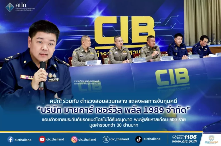 คปภ. จับมือ ตำรวจสอบสวนกลาง แถลงจับกุม “มายคาร์ เซอร์วิส พลัส 1989 ” แอบอ้างขายประกันภัยรถยนต์ พบผู้เสียหายเกือบ 500 ราย มูลค่ารวมกว่า 30 ล้านบาท