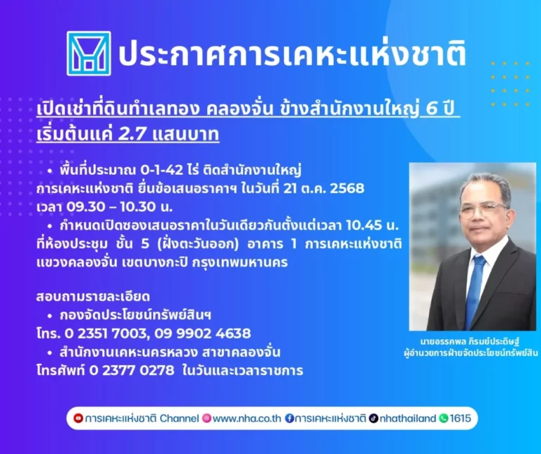 กคช. เปิดเช่าที่ดินทำเลทอง คลองจั่น ข้างสำนักงานใหญ่ 6 ปี เริ่มต้นแค่ 2.7 แสนบาท