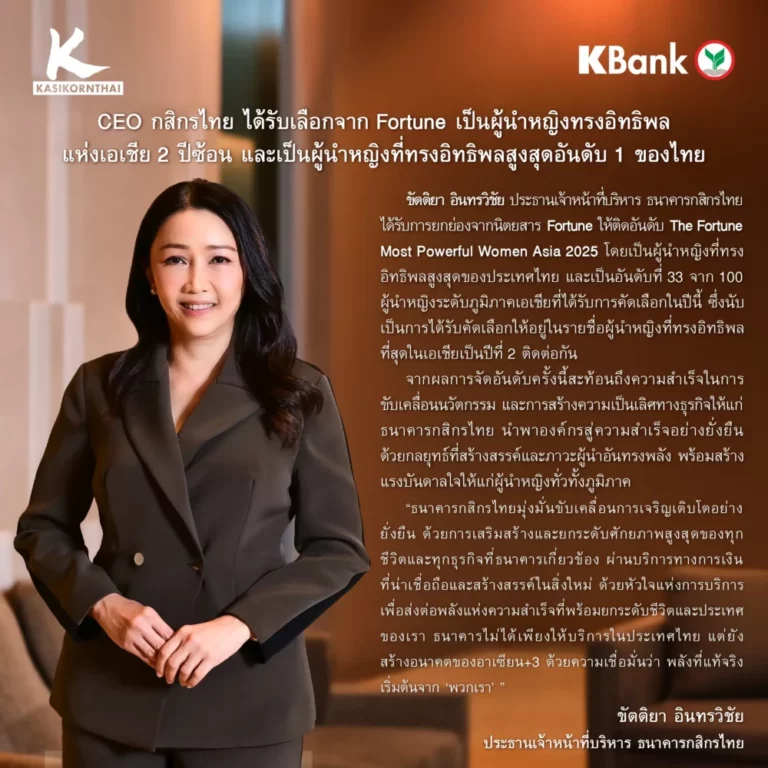 CEO กสิกรไทย ได้รับเลือกจาก Fortune เป็นผู้นำหญิงทรงอิทธิพลแห่งเอเชีย 2 ปีซ้อน และเป็นผู้นำหญิงที่ทรงอิทธิพลสูงสุดอันดับ 1 ของไทย
