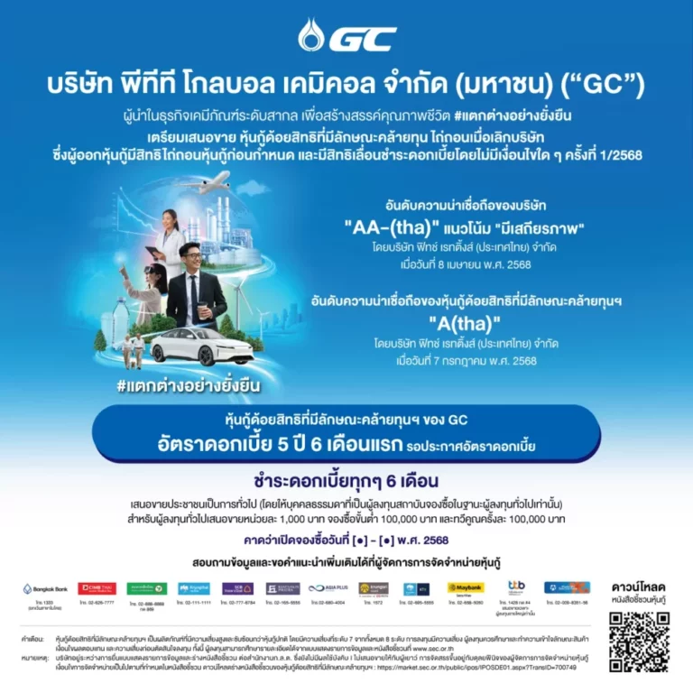 GC เตรียมออกหุ้นกู้ด้อยสิทธิที่มีลักษณะคล้ายทุนฯ สกุลเงินบาท ชุดใหม่ รับกระแสเชิงบวกจากนักลงทุน หนุนแผนบริหารเงินทุนระยะยาว รองรับการเติบโตธุรกิจมูลค่าสูง–คาร์บอนต่ำ
