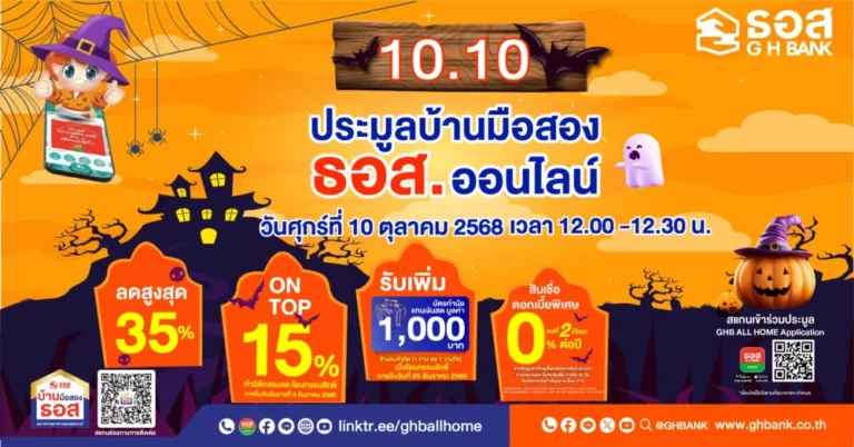 10.10 ธอส. จัดงานประมูลบ้านมือสองออนไลน์ลดสูงสุด 35% บวก On Top เพิ่มอีก 15% พร้อมโปรเด็ดดอกเบี้ย 0% นาน 2 ปีแรกพบกันวันที่ 10 ตุลาคม 2568 ผ่าน Application : GHB ALL HOME