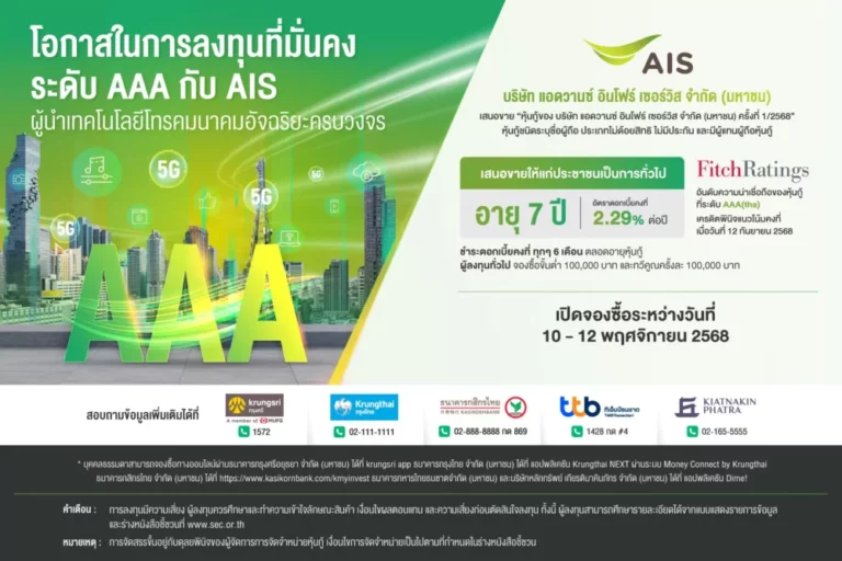 เปิดโอกาสลงทุนมั่นคง! AIS เสนอขายหุ้นกู้ 7 ปี ที่ 2.29% ต่อปี ต่อประชาชนทั่วไป ด้วยความน่าเชื่อถือระดับ AAA ระหว่างวันที่ 10 – 12 พ.ย. 68