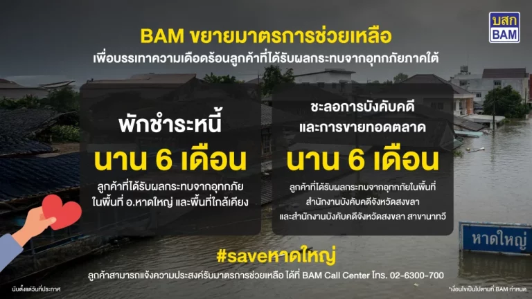 BAM ขยายมาตรการช่วยลูกค้าประสบภัยน้ำท่วมภาคใต้ พักชำระหนี้ – ชะลอการบังคับคดี – การขายทอดตลาด นาน 6 เดือน