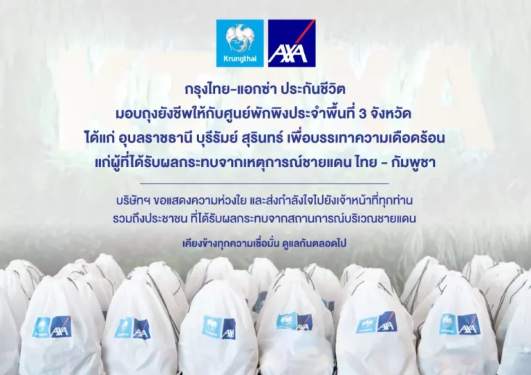 กรุงไทย-แอกซ่า ประกันชีวิต เคียงข้างคนไทย มอบถุงยังชีพ 300 ชุด ให้แก่ศูนย์พักพิงประจำพื้นที่ 3 จังหวัด เพื่อช่วยบรรเทาทุกข์ประชาชนจากสถานการณ์ชายแดนไทย-กัมพูชา