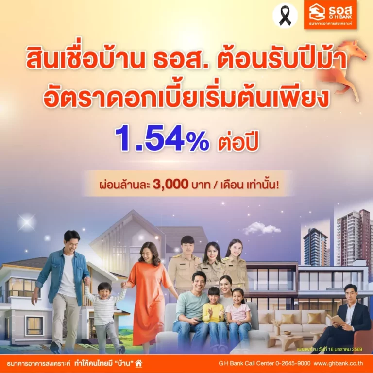 ธอส. ชู 5 สินเชื่อเด่น หนุนคนไทยมีบ้านต้อนรับปีม้า ดอกเบี้ยเริ่มต้นเพียง 1.54% ต่อปี ผ่อนเพียงล้านละ 3,000 บาทเท่านั้น!