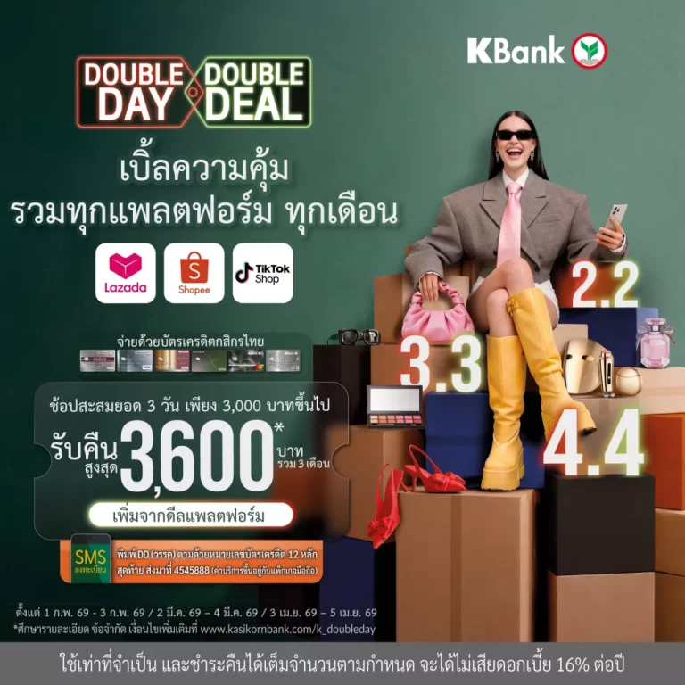 บัตรเครดิตกสิกรไทย จัดแคมเปญ Double Day, Double Deal* สะสมยอดช้อปรวม 3 แพลตฟอร์มฮิต Shopee-Lazada-TikTok รับเครดิตเงินคืนสูงสุด 3,600 บาท*