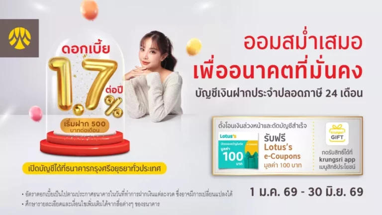 มีบัญชีออมทรัพย์กับกรุงศรี พร้อมตั้งโอนเงินล่วงหน้าเพื่อฝากเข้าบัญชีฝากประจำปลอดภาษี 24 เดือนหรือ 36 เดือน รับ Lotus’s e-Coupons 100 บาท