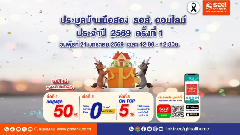 ธอส. ต้อนรับปีม้า จัดประมูลบ้านมือสองออนไลน์ ปี 2569 ครั้งที่ 1 ลดสูงสุด 50% พร้อมโปรโมชันดอกเบี้ย 0% ต่อปี พุธ 21 ม.ค. 2569 นี้ 
